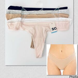 NWT 5 Pack SO L Gorgeous Pink,white, tan, grey & Black Ribbed thong Panty Set